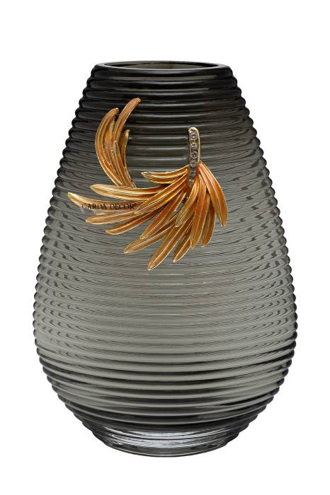 55RV6590S Ваза стеклянная серая с золотой веточкой 17*10*26см